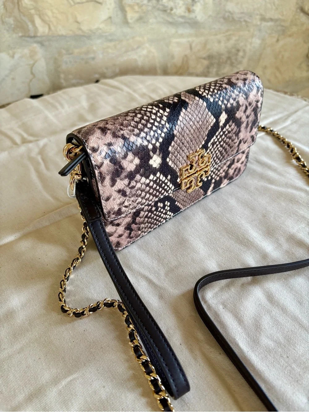 Tory Burch Pink Snake-Print Leather Chain Crossbody with Gold Logo